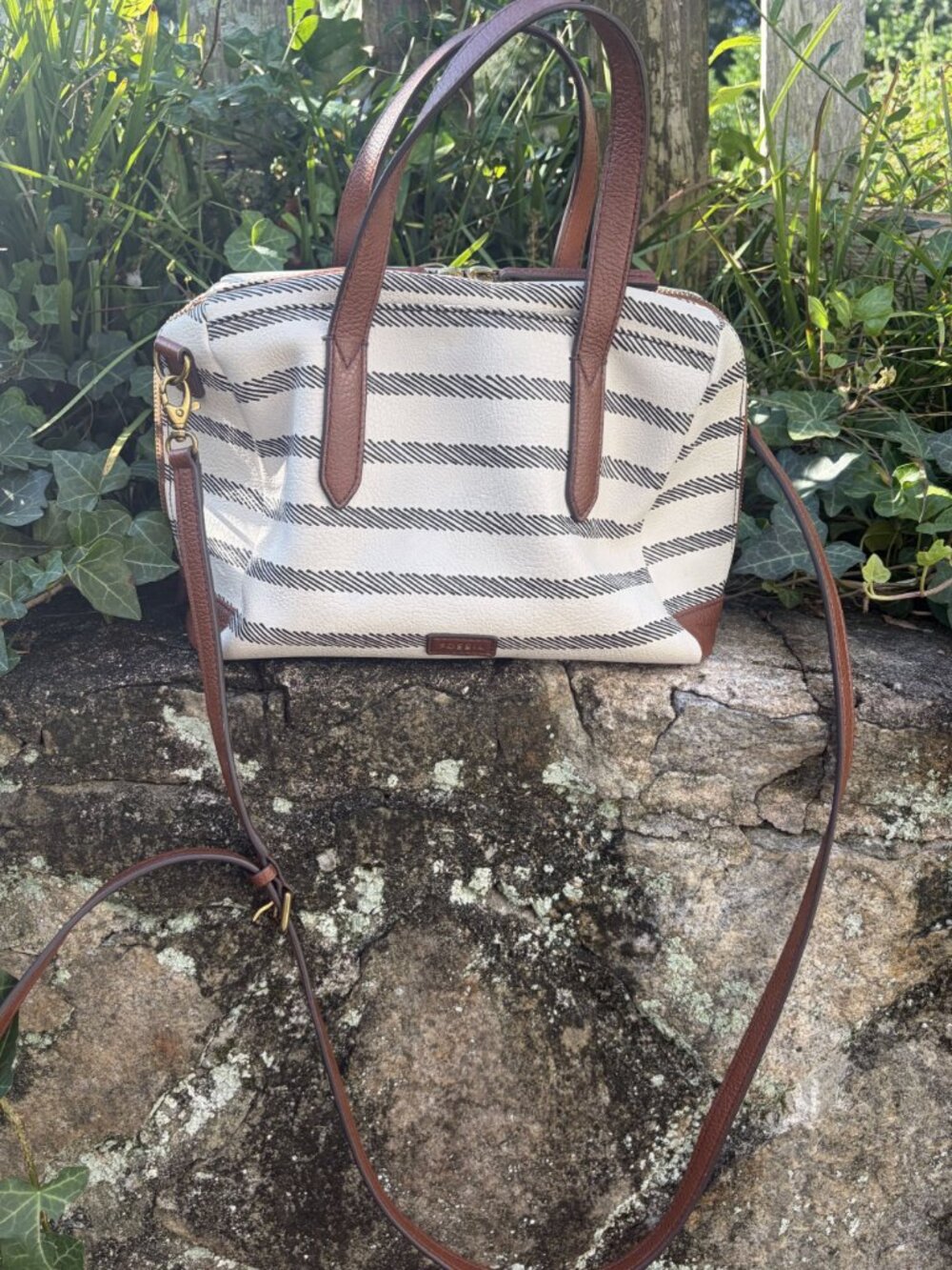 Fossil Neutral Striped Sydney Satchel Crossbody Bag Adjustable Strap Brown Cream